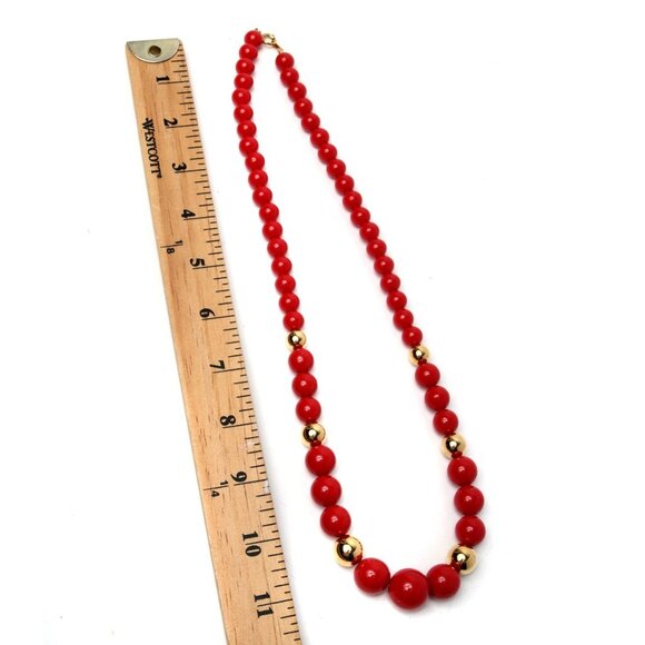 Vintage Chunky Round Acrylic Beaded Necklace Beads Red Gold 1980s Retro Costume - Picture 4 of 6